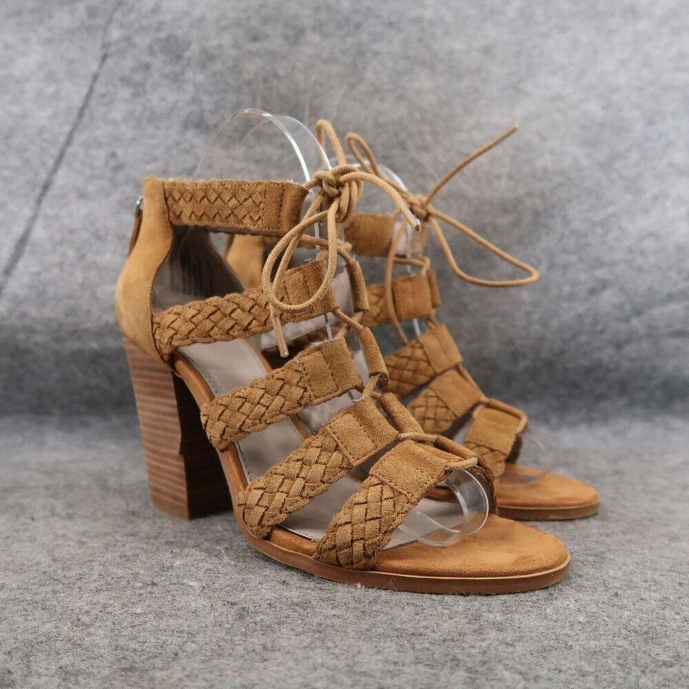 Hinge Shoes Womens 8.5 Sandals Block Heel Braided Straps Lace Up Leather Brown